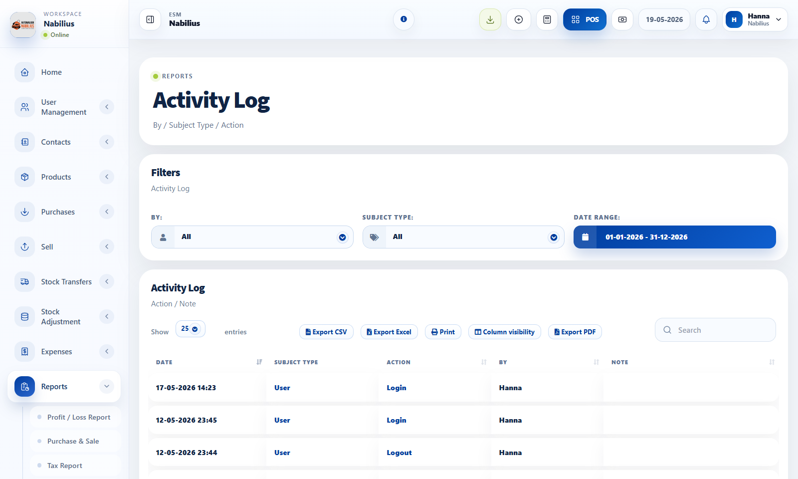 Activity Log page