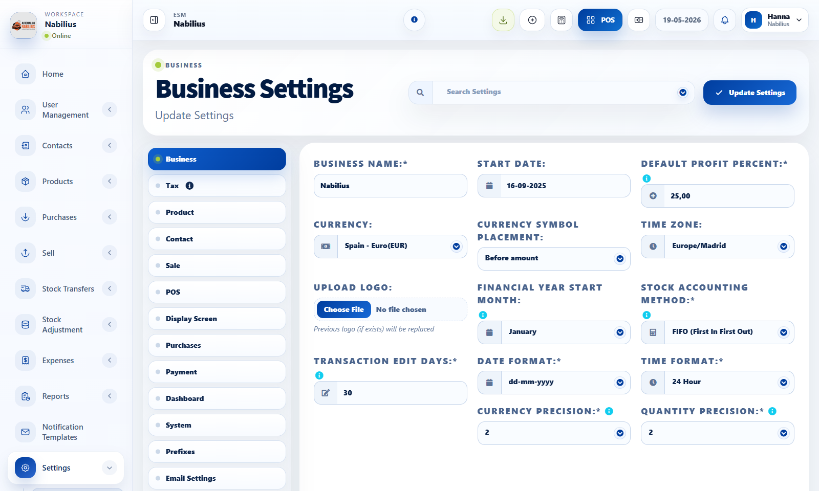 Business settings tabs