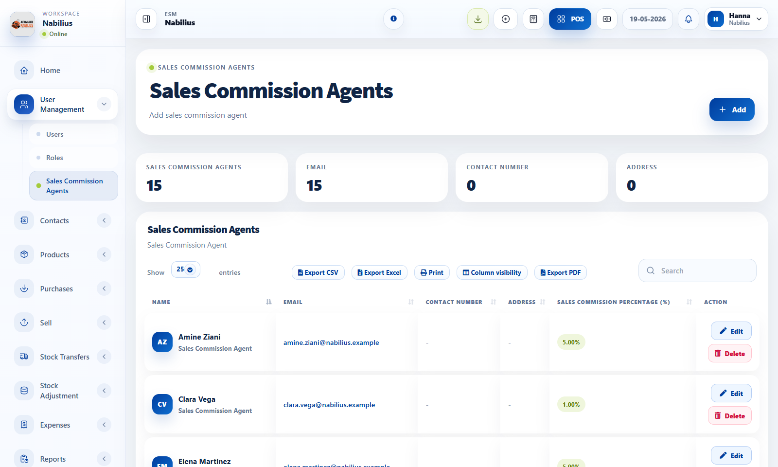 Sales commission agents page