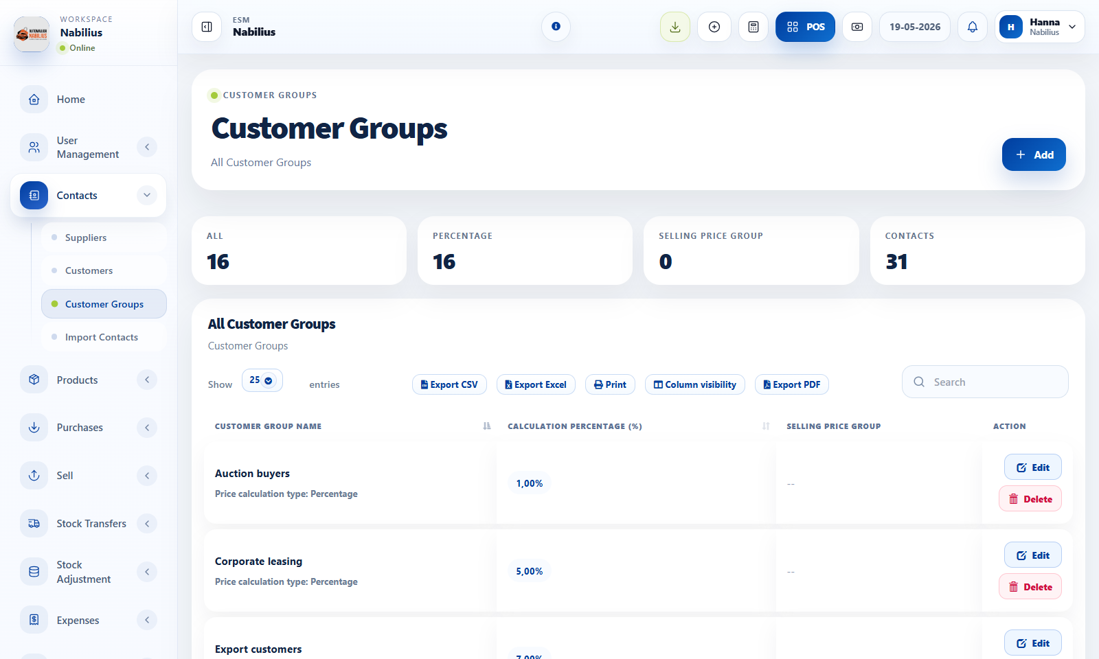 Customer groups page