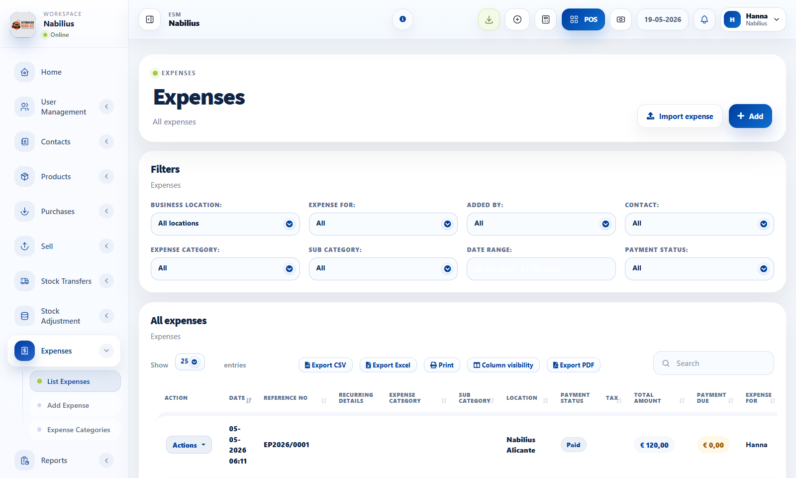 Expenses and tax settings pages