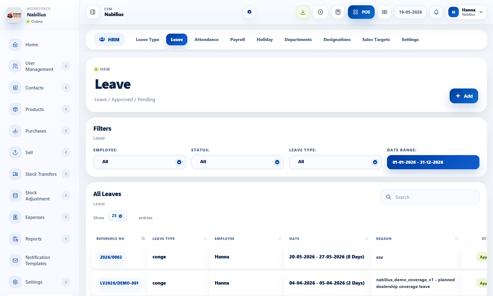 HRM leave and attendance pages