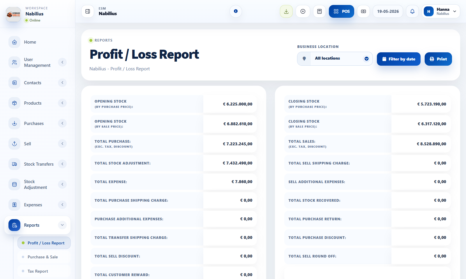 Profit/Loss Report page