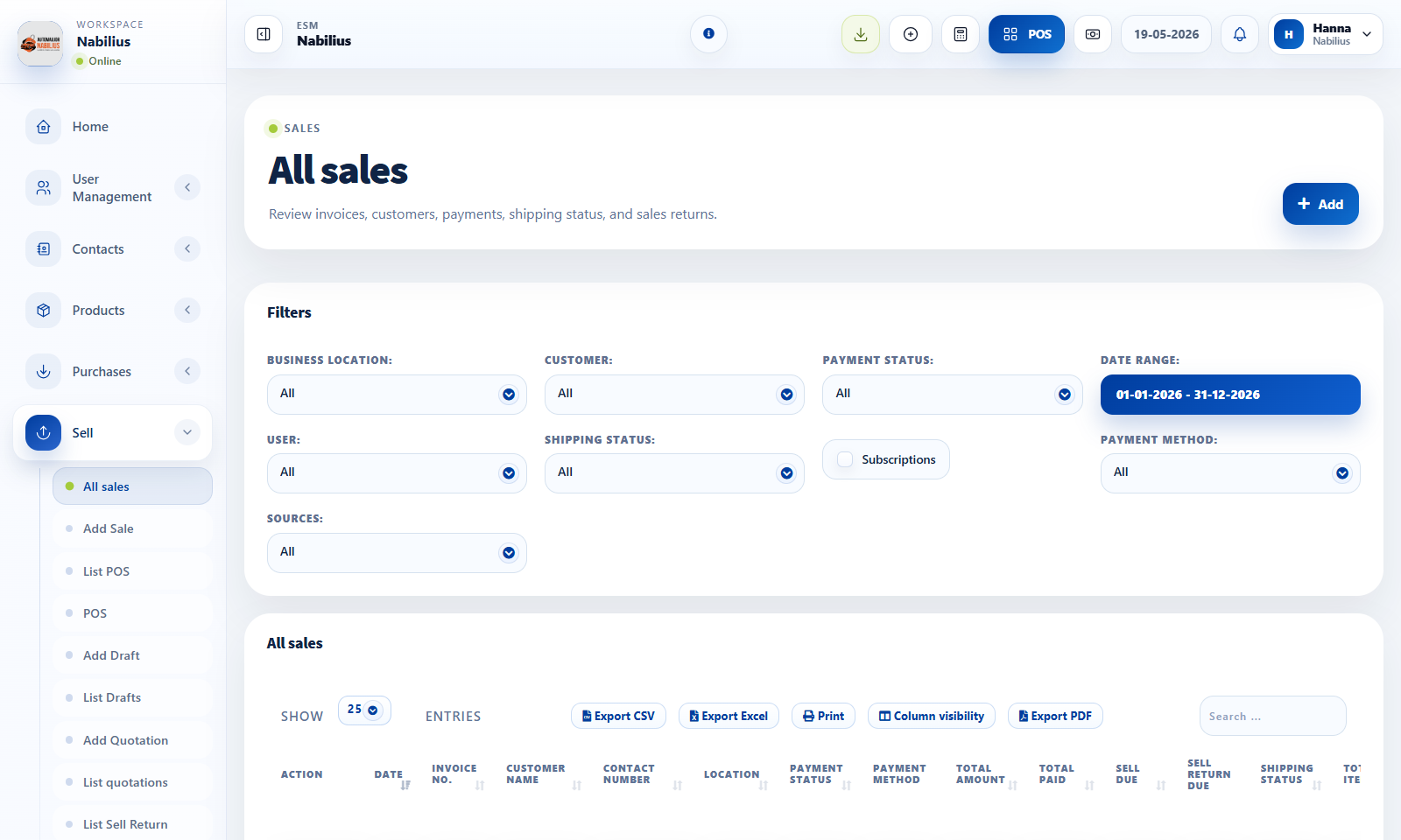 Add Sale and Sales list pages