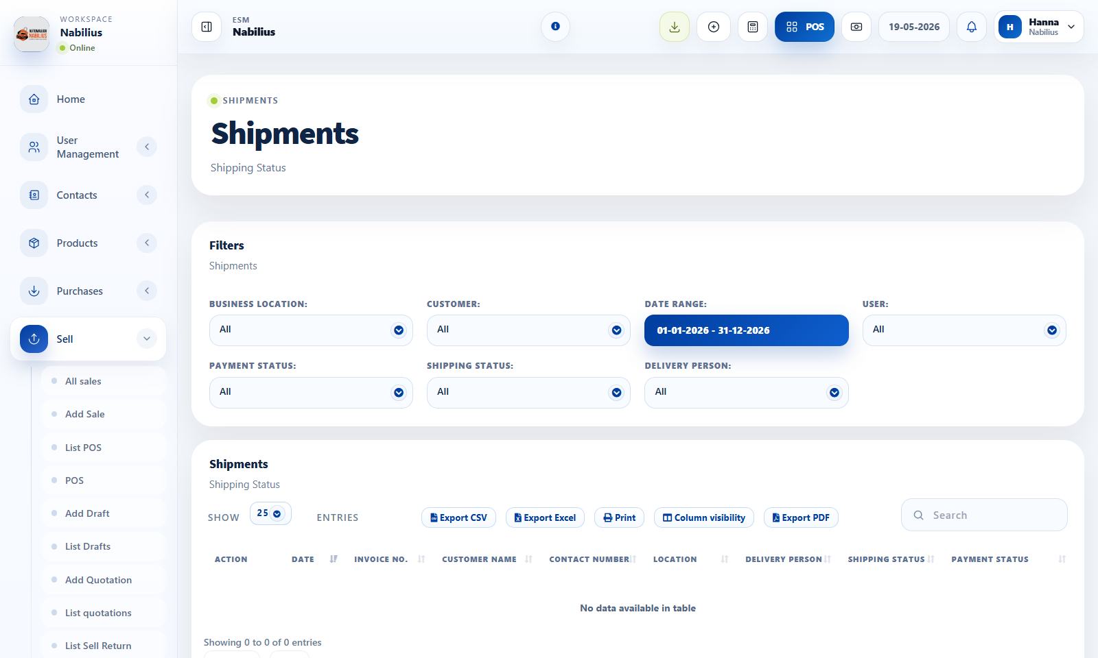 Shipments and Sell Return pages