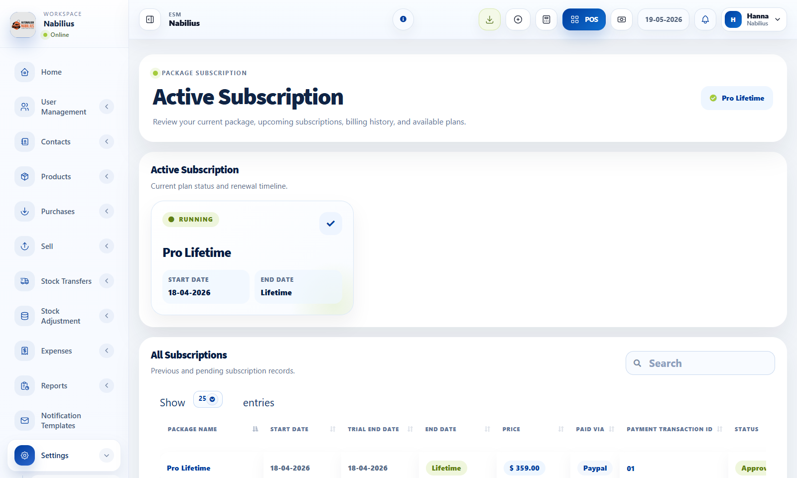 Active Subscription and Pricing pages